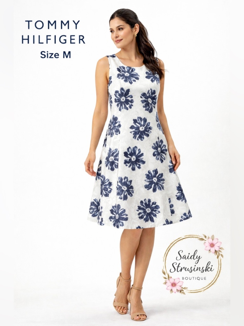 Tommy Hilfiger Floral Sleeveless Dress White Blue Elegant preppy Fit & Flare/M